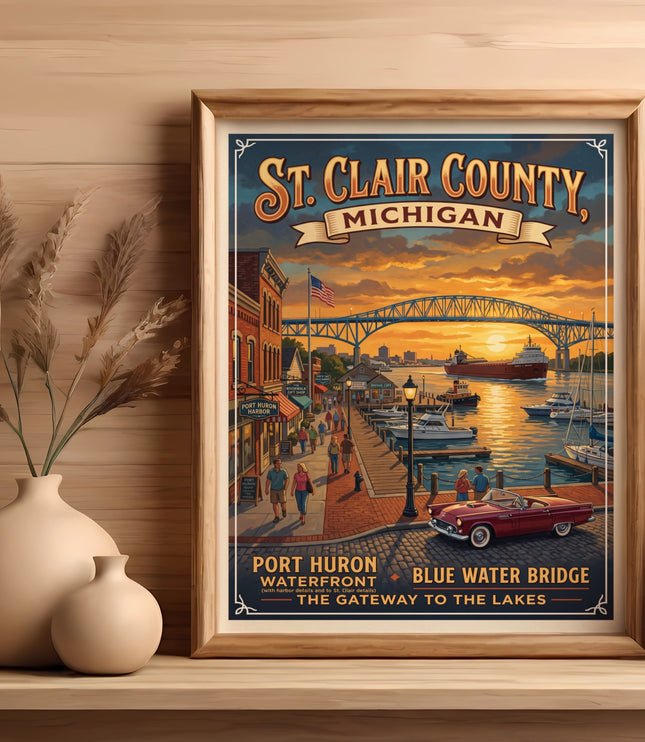 St. Clair County, Michigan poster featuring Port Huron waterfront, Blue Water Bridge, and harbor scene.
