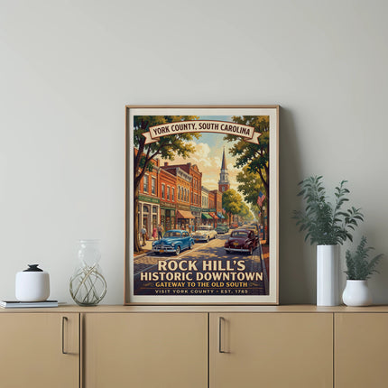 Vintage poster of Rock Hill's historic downtown, York County, South Carolina.