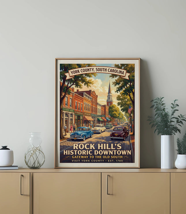 Vintage poster of Rock Hill's historic downtown, York County, South Carolina.