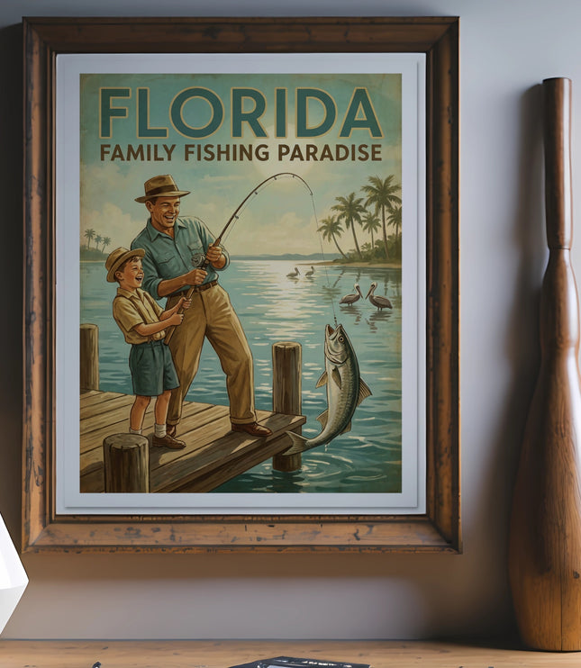 Florida Family Fishing Paradise poster featuring a joyfully fishing father and son.