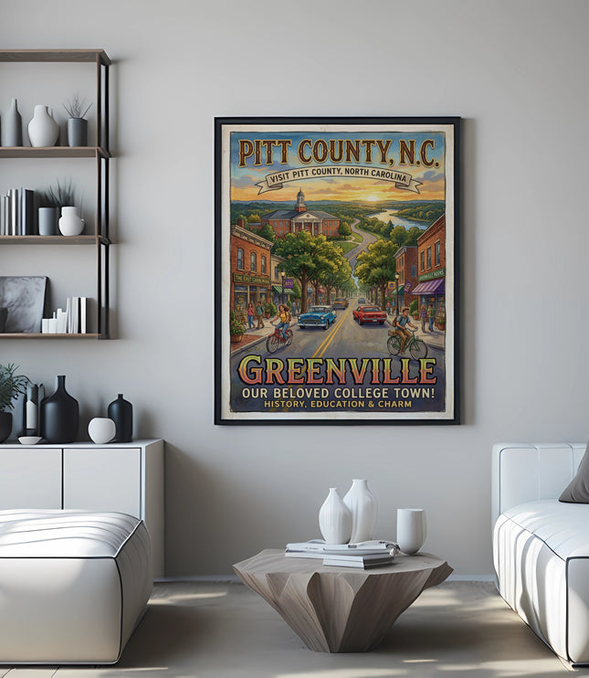 Pitt County, N.C. travel poster featuring Greenville's downtown scene.