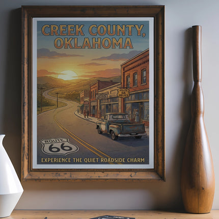 Creek County, Oklahoma vintage Route 66 poster with antique truck and shops.