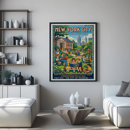 New York City Children's Library Garden poster with people reading and playing.