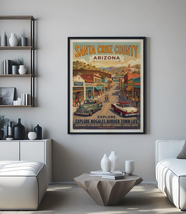 Poster for Santa Cruz County, Arizona, showing Nogales border town life