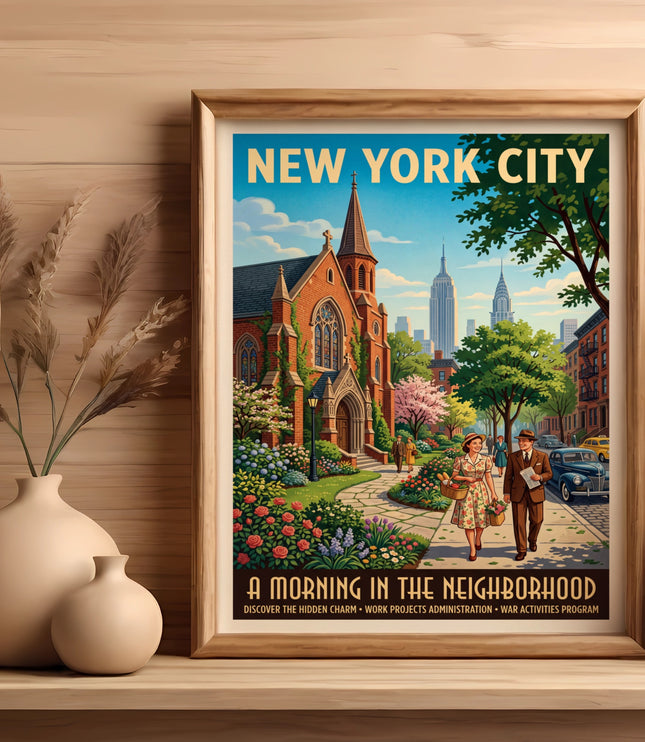 New York City poster depicting a couple walking, with a church and skyline.