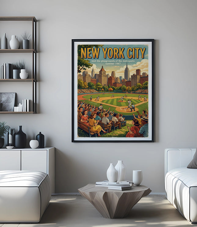 Framed New York City baseball art, circa 1947, above a white sofa.