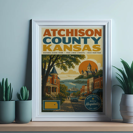 Atchison County, Kansas historic river town poster with vintage illustration.
