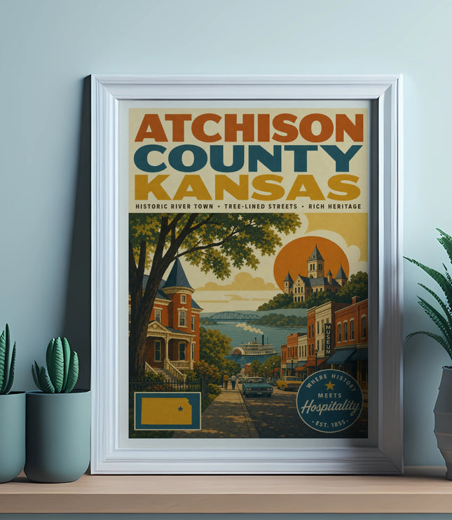Atchison County, Kansas historic river town poster with vintage illustration.