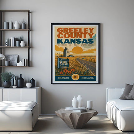 Greeley County Kansas poster with "Wide Skies Quiet Roads Lasting Values" text.