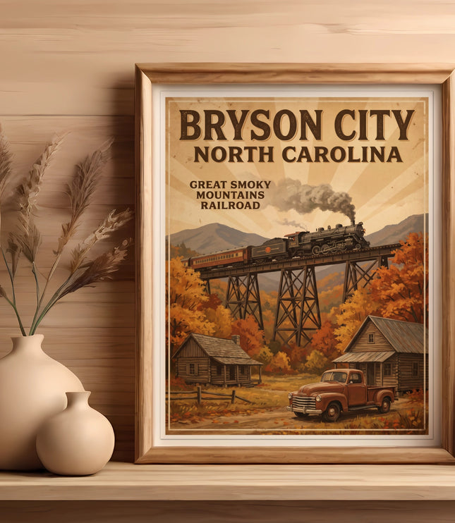 Bryson City North Carolina poster featuring Great Smoky Mountains Railroad and autumn scenery.