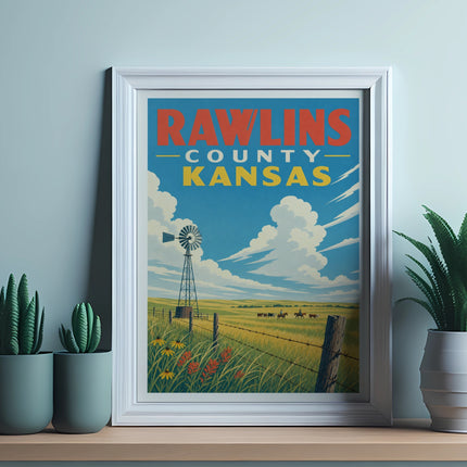 Rawlins County Kansas travel poster with windmill, horses, and wildflowers.