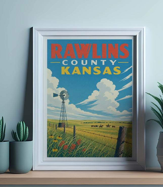 Rawlins County Kansas travel poster with windmill, horses, and wildflowers.