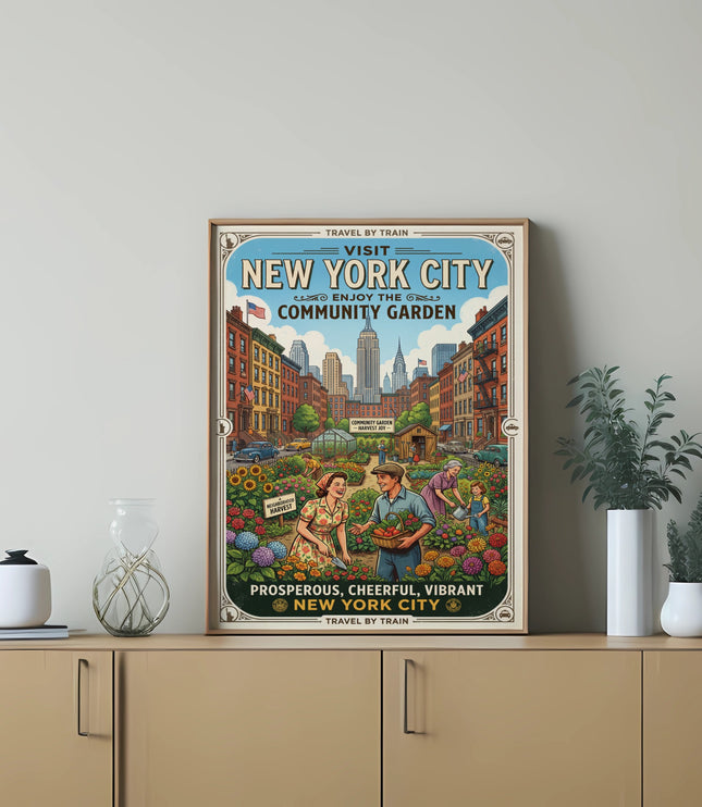 Vintage poster of New York City community garden mural with people gardening.