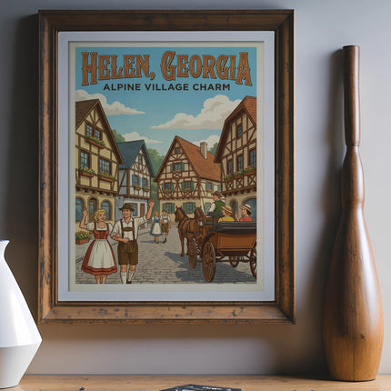 Vintage poster for Helen, Georgia, depicting Alpine village charm with people and a horse-drawn carriage.