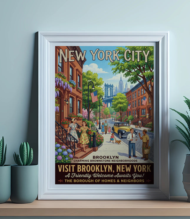Vintage "Visit Brooklyn, New York" poster with brownstones, bridge, and people.