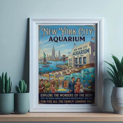 New York City Aquarium vintage poster with crowds and exhibits.