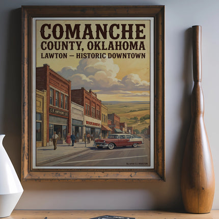 Comanche County, Oklahoma poster depicts Lawton Historic Downtown with vintage car and shops by T.J. Houston.