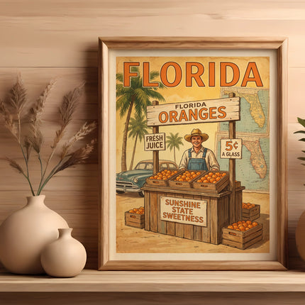 Framed vintage Florida oranges sign with fruit stand and car.