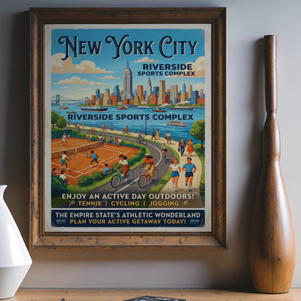 New York City Riverside Sports Complex vintage poster promoting tennis, cycling, and jogging.