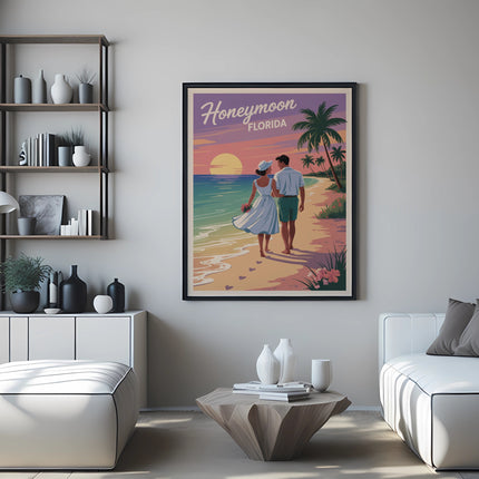 Couple walking on beach with "Honeymoon Florida" poster on wall.