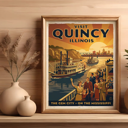 Vintage travel poster for Quincy, Illinois featuring a steamboat on the Mississippi River.