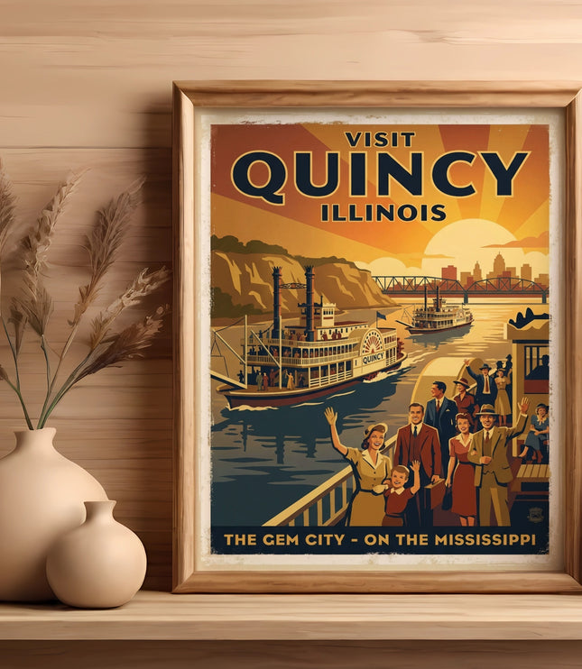 Vintage travel poster for Quincy, Illinois featuring a steamboat on the Mississippi River.