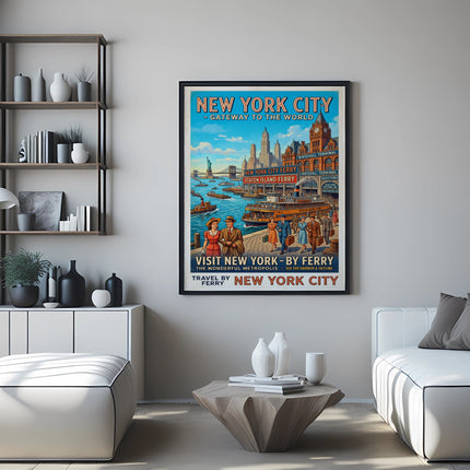 New York City ferry poster with ships, buildings, and "Visit New York" text.