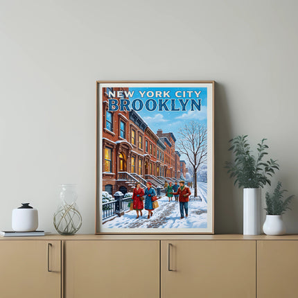 New York City Brooklyn poster featuring people walking past brownstone buildings in snow.