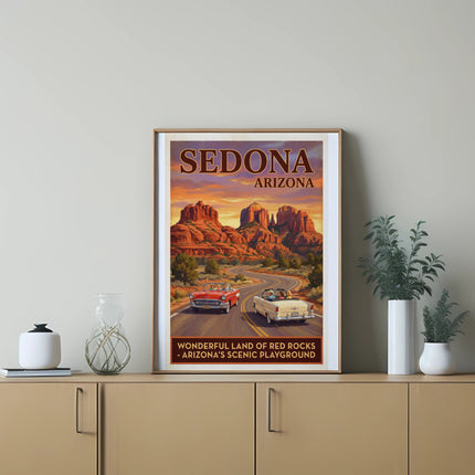Sedona Arizona vintage travel poster with red rock formations and convertible cars.