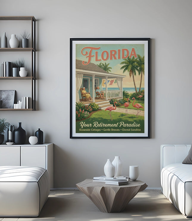 Framed "Florida Your Retirement Paradise" poster with a beach scene and flamingos.