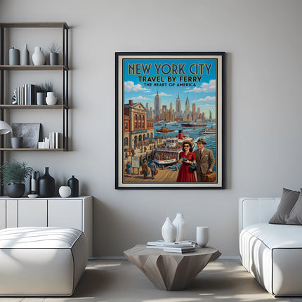 New York City travel poster with ferry schedule and couple on dock.
