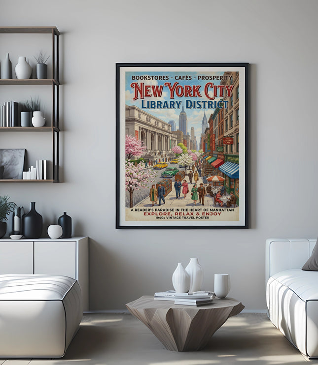 New York City Library District vintage travel poster showing a street scene.