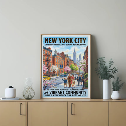 New York City poster with historic buildings, flowering trees, and text.
