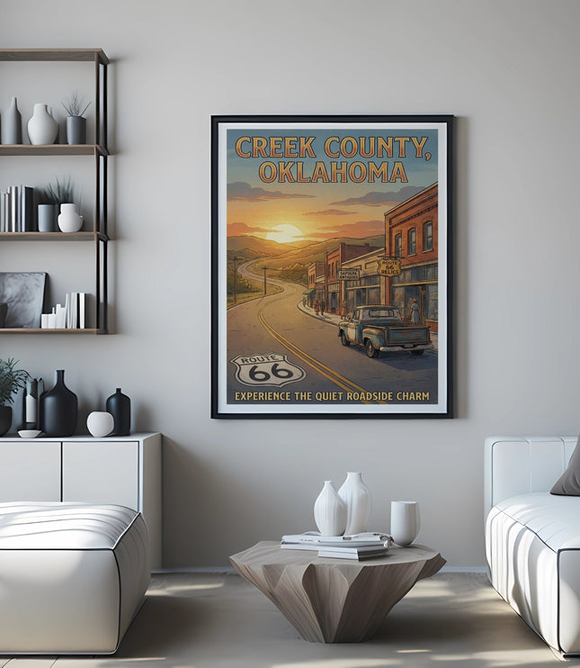 Creek County, Oklahoma Route 66 artwork with vintage truck and roadside charm.