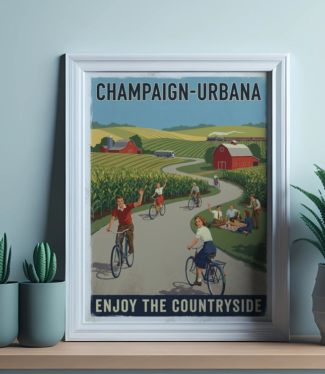 Champaign-Urbana poster with people cycling and picnicking in a countryside scene.