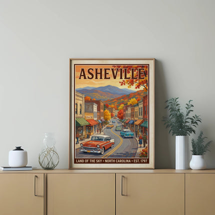 Asheville Land of the Sky North Carolina vintage travel poster showing cars on a street.