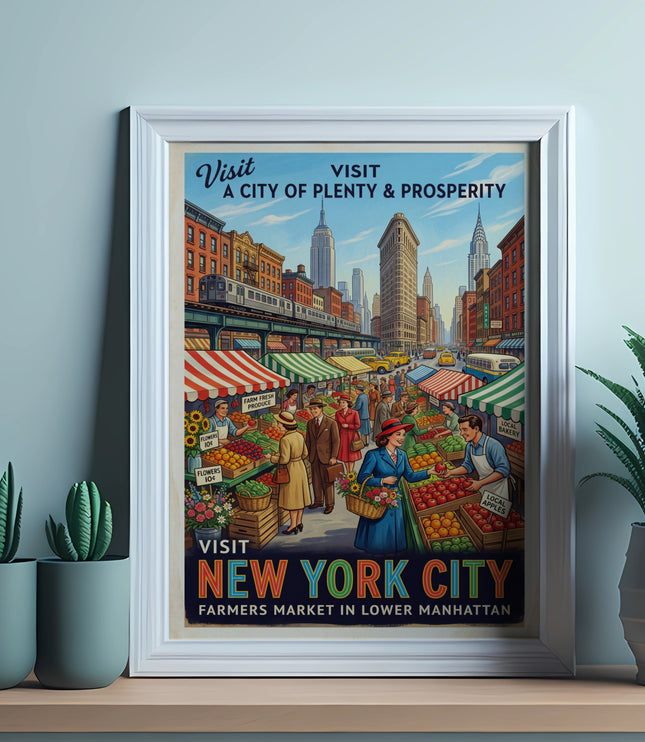 Vintage poster of New York City farmers market with skyline and text.