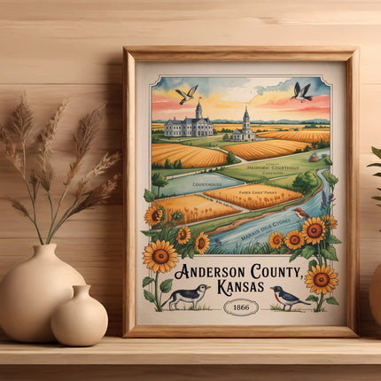 Anderson County, Kansas 1866 historic courthouse and landscape illustration.