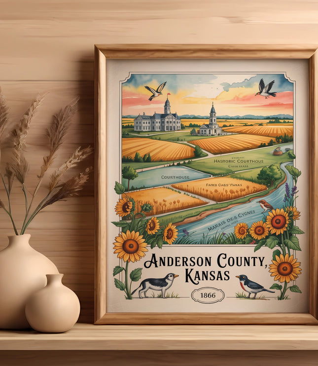 Anderson County, Kansas 1866 historic courthouse and landscape illustration.