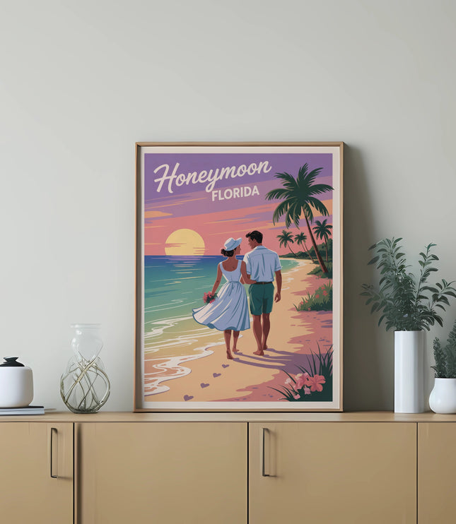 Vintage "Honeymoon Florida" poster with couple walking on beach at sunset.