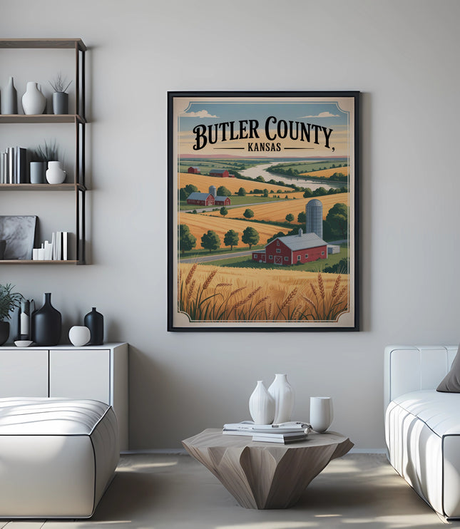 Framed print depicting Butler County, Kansas with a red barn and wheat fields.