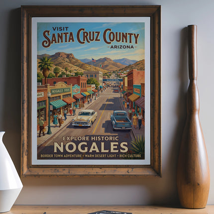 Vintage poster promoting Santa Cruz County, Arizona, and Historic Nogales.