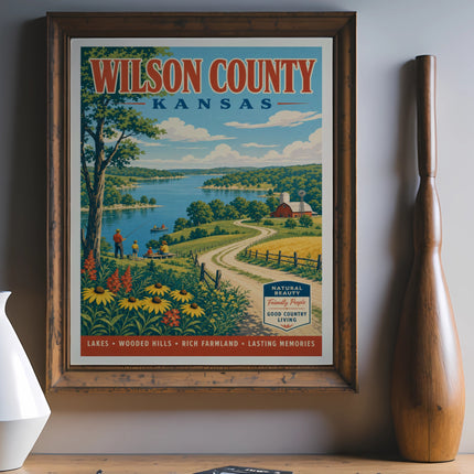 Wilson County Kansas poster featuring lakes, wooded hills, and farmland.