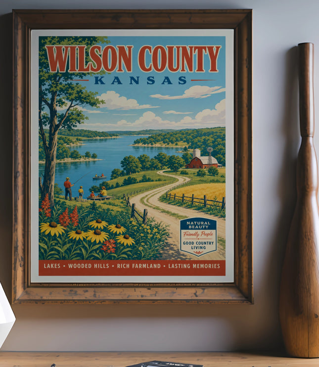 Wilson County Kansas poster featuring lakes, wooded hills, and farmland.