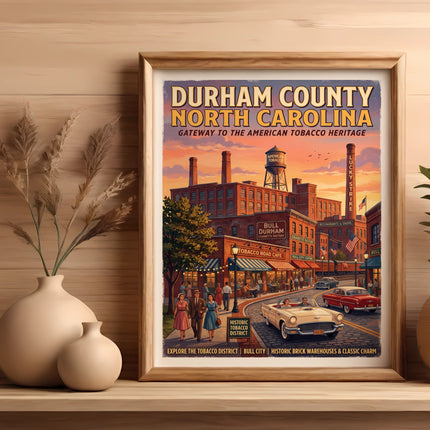 Durham County, North Carolina, vintage travel poster depicting tobacco heritage.