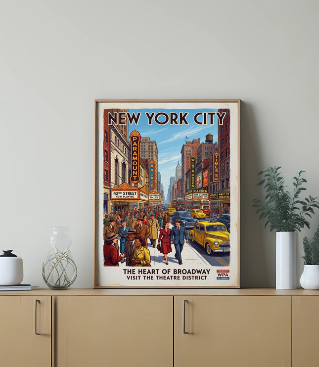 New York City poster advertising Broadway theatre district with Paramount Theatre and yellow cabs