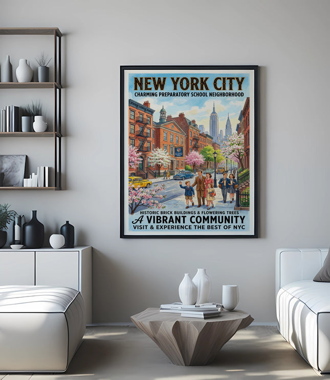 New York City poster of a charming neighborhood with buildings, trees, and text.