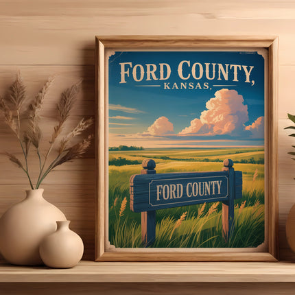 Framed Ford County, Kansas sign with rural landscape and potted plants.