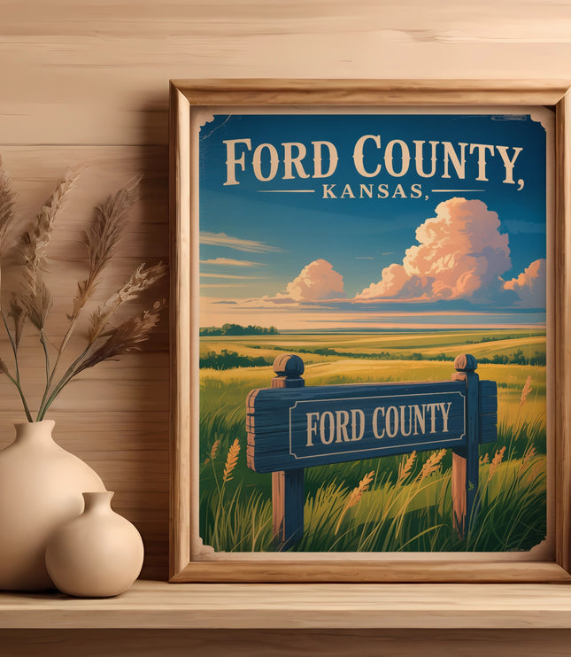 Framed Ford County, Kansas sign with rural landscape and potted plants.