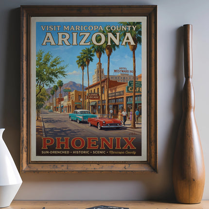 Vintage poster for Phoenix, Arizona, showing vintage cars and buildings.